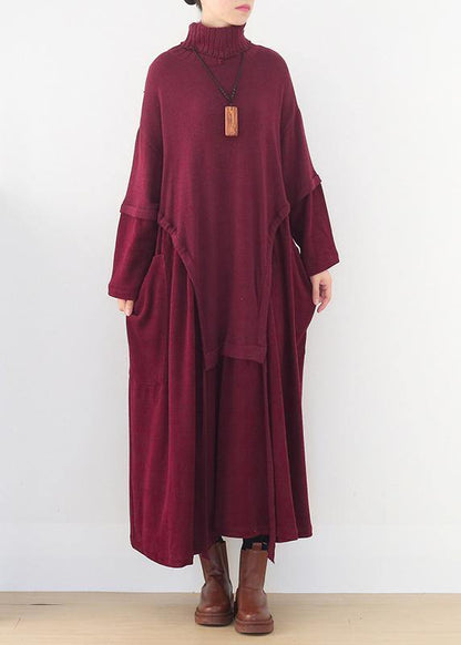 Oversized High Neck Patchwork Sweater Wardrobes Burgundy Tejidos Knit Dresses