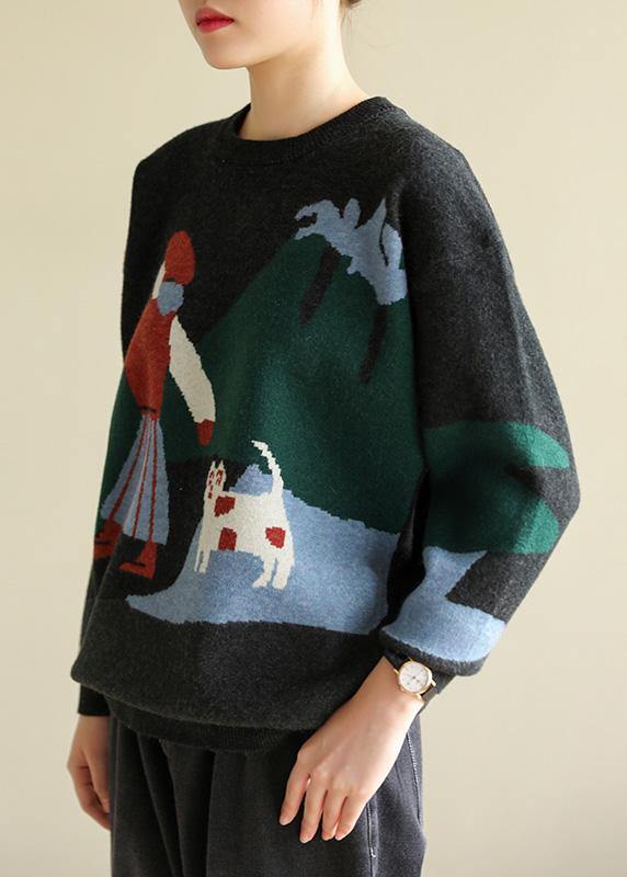Oversized Khaki Knit Blouse O Neck Prints Knit Sweat Tops