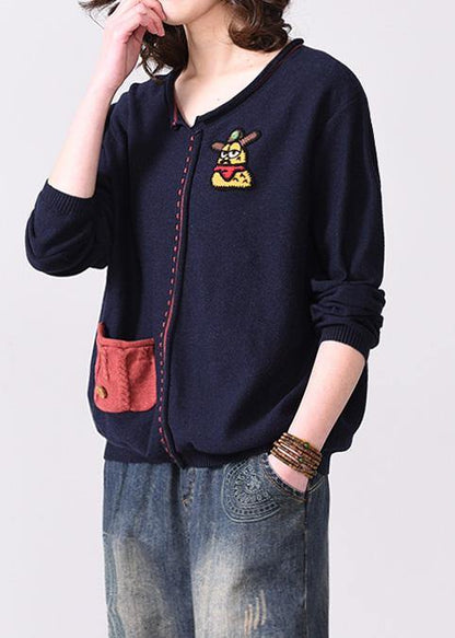 Oversized Navy Autumn Sweater Fall V Neck Knit Tops Appliques