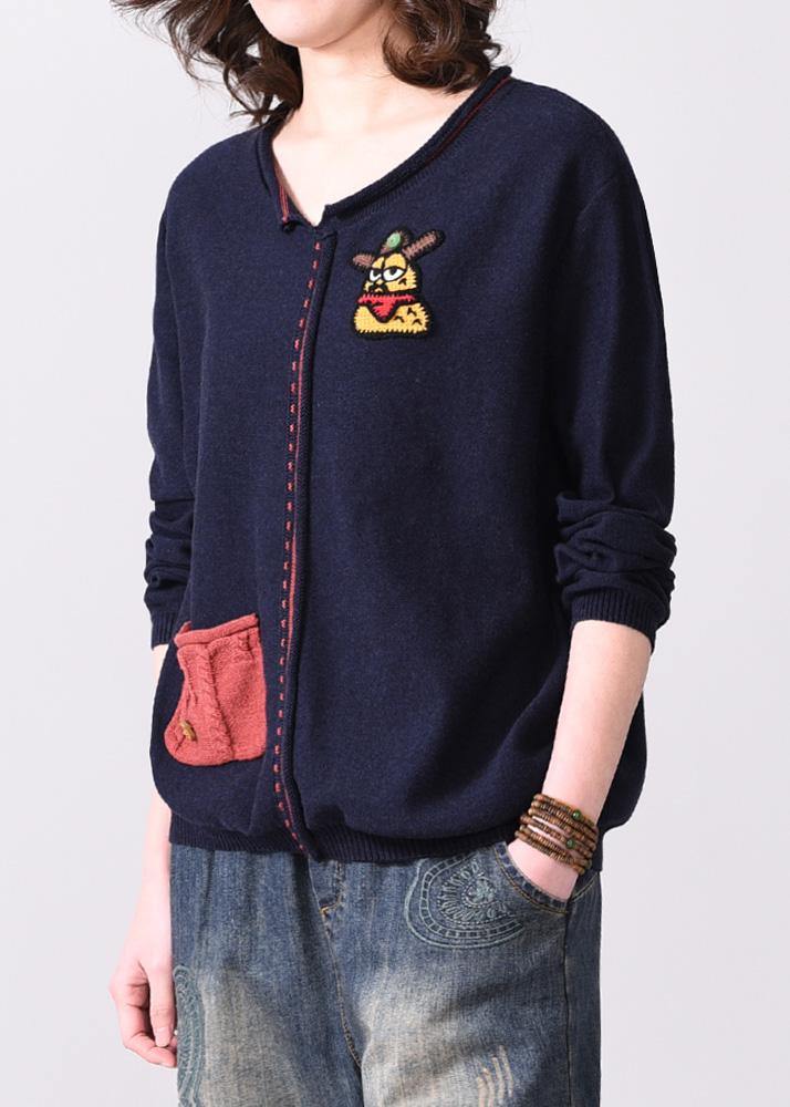 Oversized Navy Autumn Sweater Fall V Neck Knit Tops Appliques
