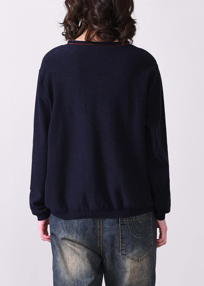 Oversized Navy Autumn Sweater Fall V Neck Knit Tops Appliques