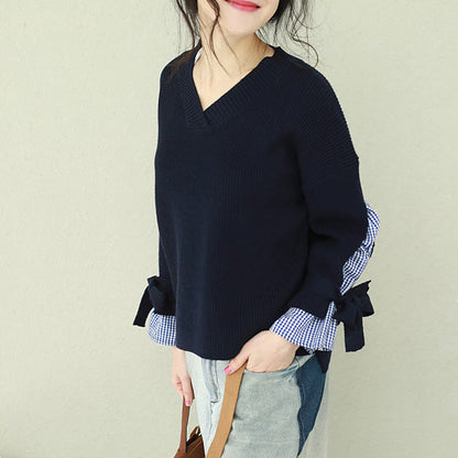 Oversized Navy Knitted Tops Clothing V Neck False Two Pieces Sweaters
