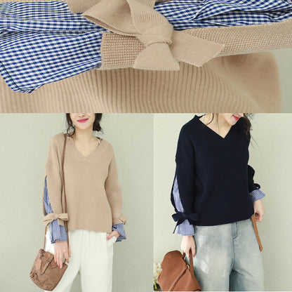 Oversized Navy Knitted Tops Clothing V Neck False Two Pieces Sweaters