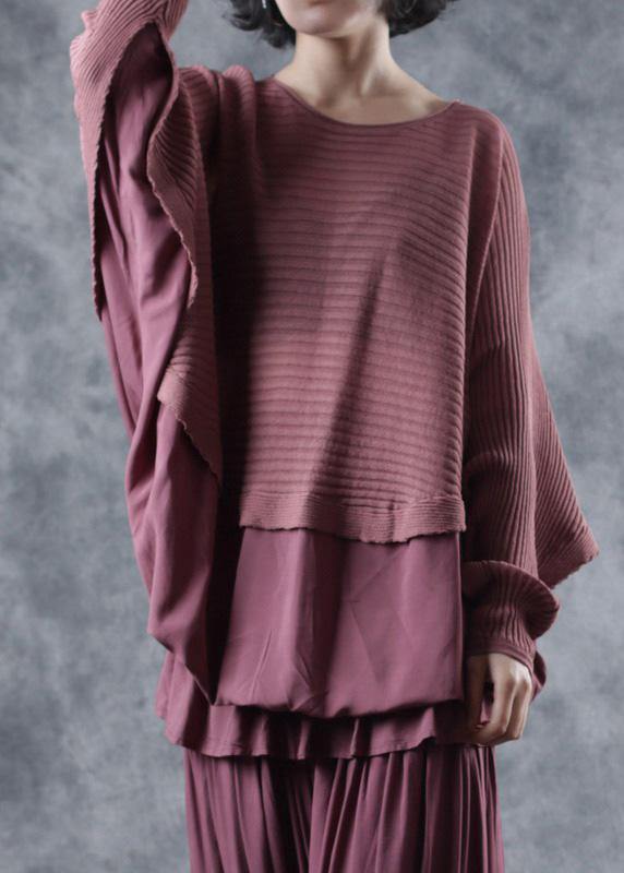 Oversized O Neck Red Knit Tops Batwing Sleeves Tops
