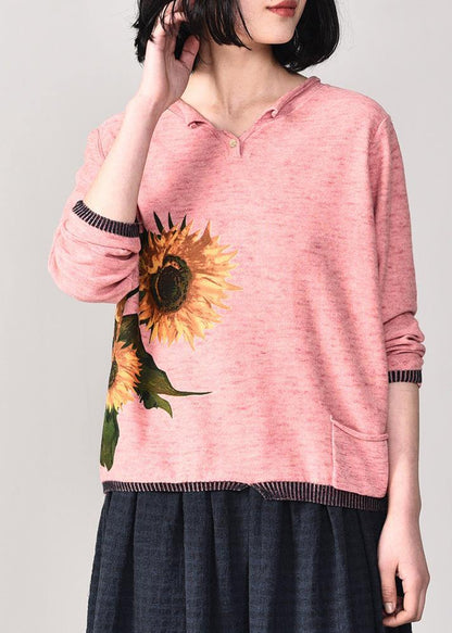 Oversized Pink Prints Knitted T Shirt Fall Long Sleeve Knitwear V Neck