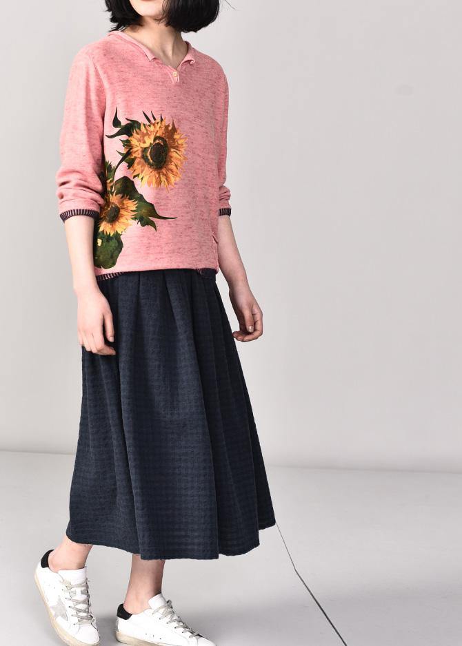 Oversized Pink Prints Knitted T Shirt Fall Long Sleeve Knitwear V Neck