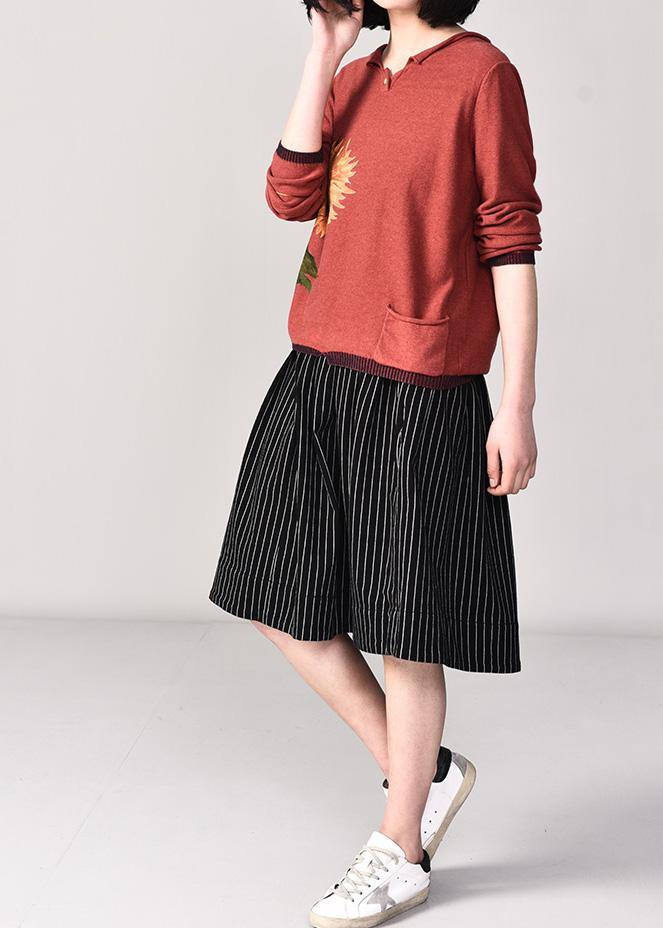 Oversized Pink Prints Knitted T Shirt Fall Long Sleeve Knitwear V Neck
