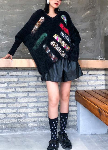 Oversized Prints Black Knitted Blouse Oversize V Neck Knitted Clothes