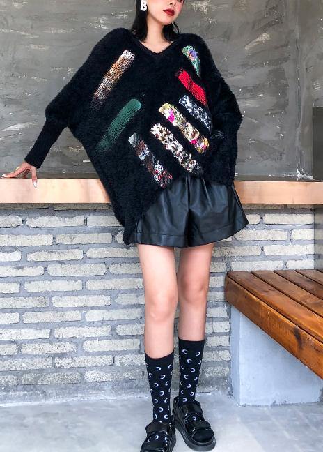 Oversized Prints Black Knitted Blouse Oversize V Neck Knitted Clothes
