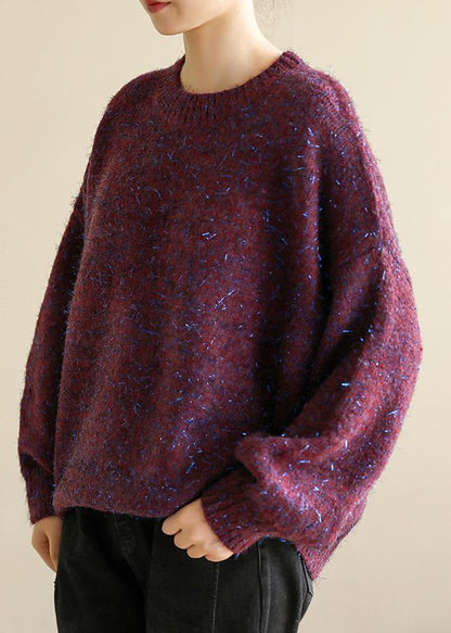 Oversized Purple Knit Tops Wild Fall O Neck Knitwear