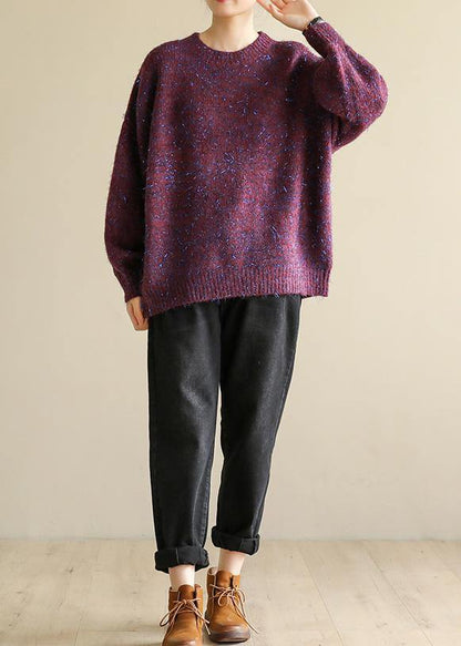 Oversized Purple Knit Tops Wild Fall O Neck Knitwear