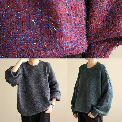 Oversized Purple Knit Tops Wild Fall O Neck Knitwear