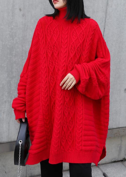 Oversized Red Letter Knitted T Shirt High Neck Side Open Knitted Blouse