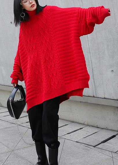 Oversized Red Letter Knitted T Shirt High Neck Side Open Knitted Blouse