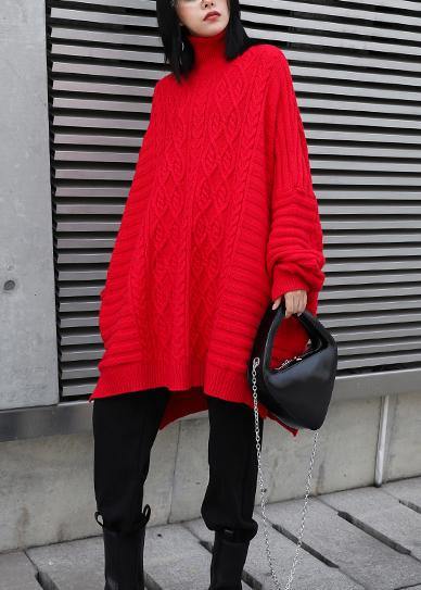 Oversized Red Letter Knitted T Shirt High Neck Side Open Knitted Blouse