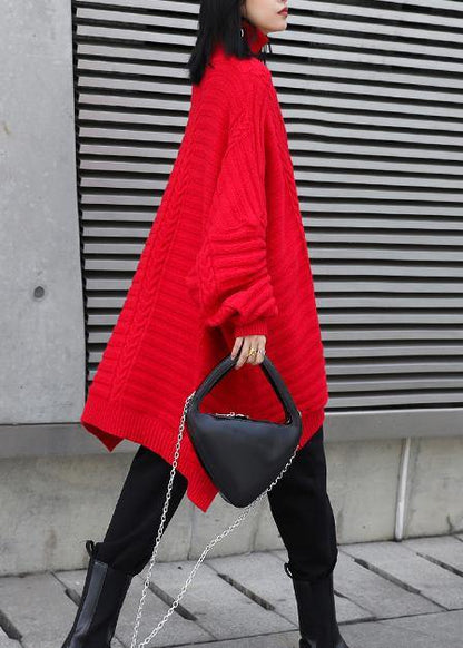 Oversized Red Letter Knitted T Shirt High Neck Side Open Knitted Blouse