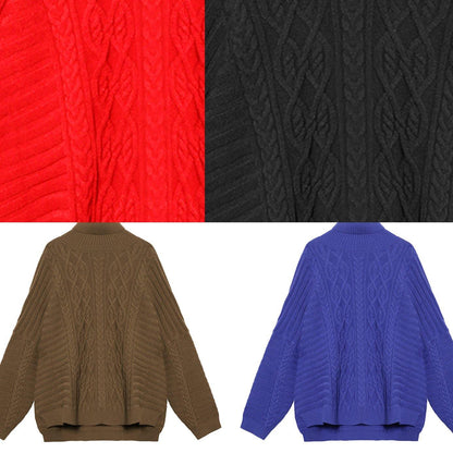 Oversized Red Letter Knitted T Shirt High Neck Side Open Knitted Blouse