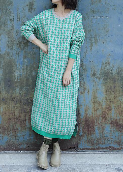 Oversized Side Open Sweater O Neck Wardrobes Largo Green Plaid Baggy Knit Dresses