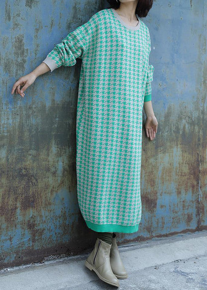 Oversized Side Open Sweater O Neck Wardrobes Largo Green Plaid Baggy Knit Dresses