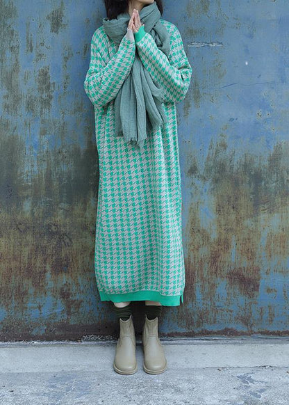 Oversized Side Open Sweater O Neck Wardrobes Largo Green Plaid Baggy Knit Dresses