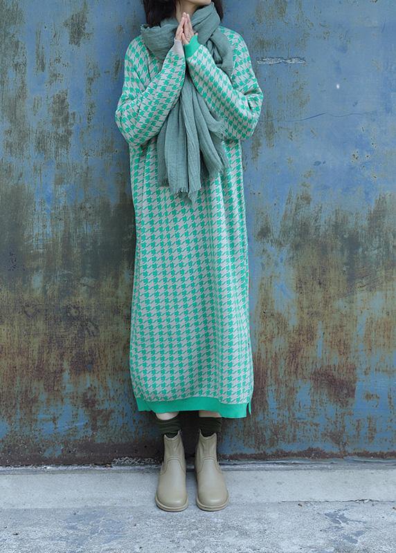 Oversized Side Open Sweater O Neck Wardrobes Largo Green Plaid Baggy Knit Dresses