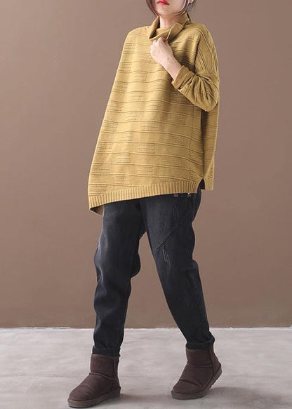 Oversized Yellow Knitted Blouse High Neck Thick Sweater Tops
