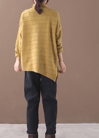 Oversized Yellow Knitted Blouse High Neck Thick Sweater Tops