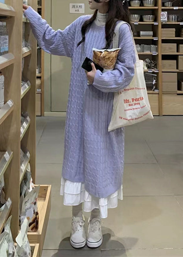 Oversized Blue Sweater Weather Mujer O Neck Knit Dress