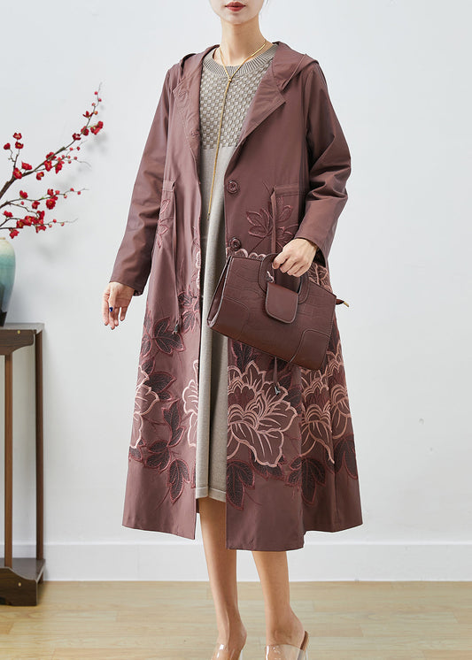 Pale Mauve Spandex Trench Coat Embroidered Tie Waist Fall