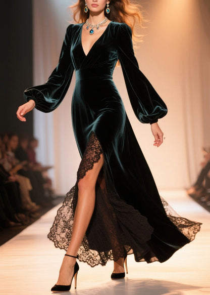 Peacock Green Patchwork Lace Silk Velvet Party Dress Side Open Flare Sleeve