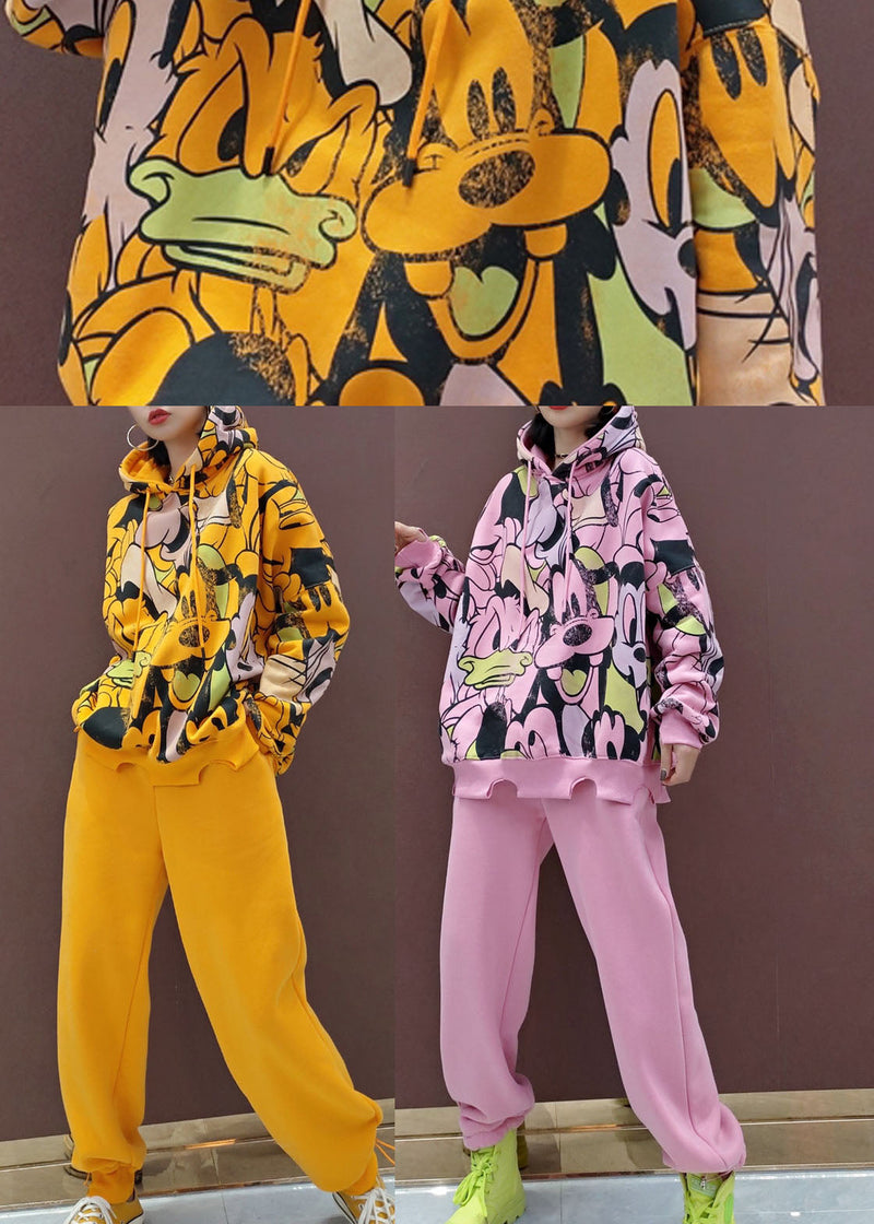 Pink Animal Print Warm Fleece Two Pieces Set Drawstring Spring
