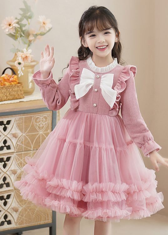 Pink Bow Patchwork Tulle Baby Princess Dress Ruffled Fall