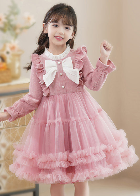 Pink Bow Patchwork Tulle Baby Princess Dress Ruffled Fall