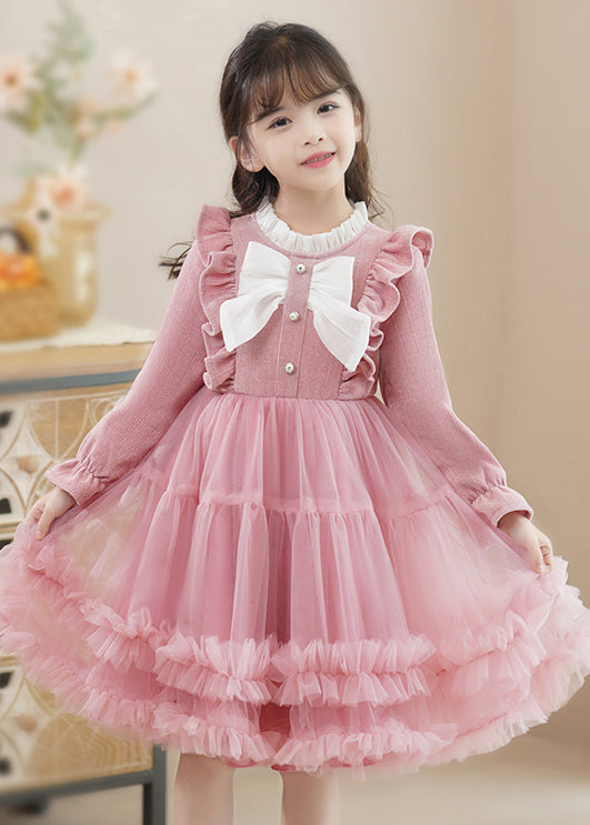 Pink Bow Patchwork Tulle Baby Princess Dress Ruffled Fall