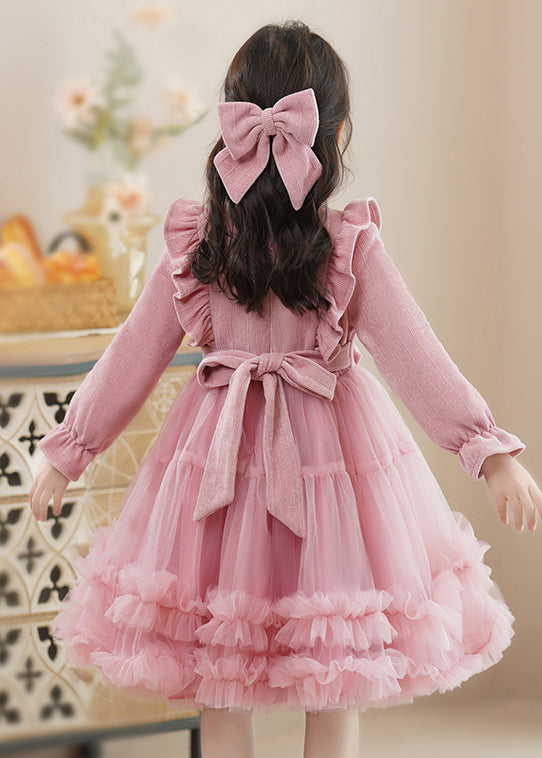 Pink Bow Patchwork Tulle Baby Princess Dress Ruffled Fall