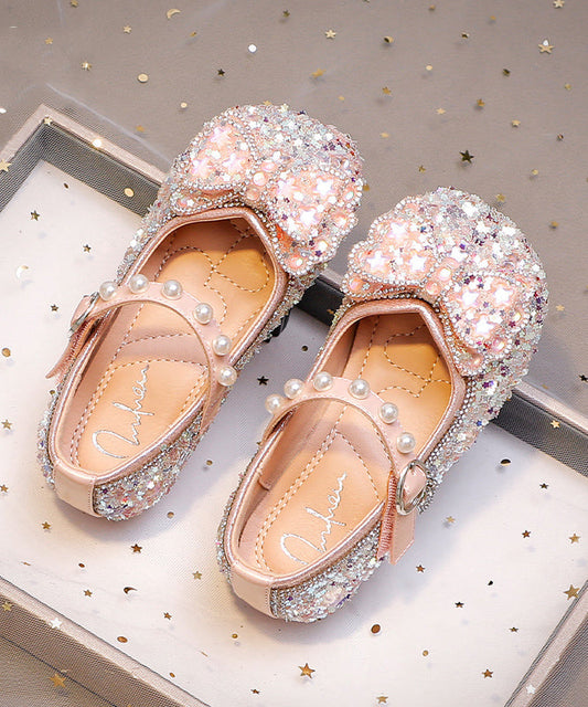 Pink Buckle Strap Flat Shoes Bow Zircon for Kids