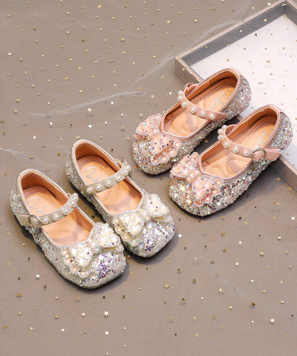 Pink Buckle Strap Flat Shoes Bow Zircon for Kids