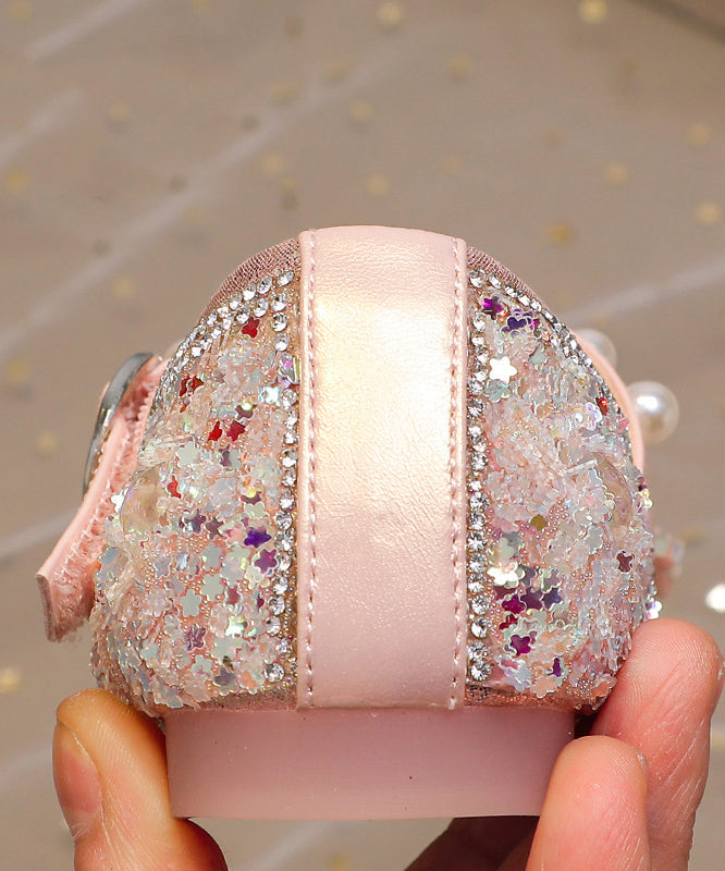 Pink Buckle Strap Flat Shoes Bow Zircon for Kids