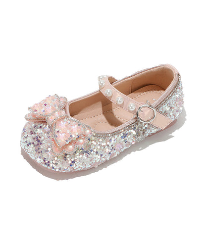Pink Buckle Strap Flat Shoes Bow Zircon for Kids