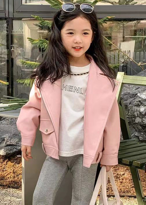 Pink Button Patchwork Faux Leather Coats Zip Up Long Sleeve