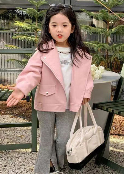 Pink Button Patchwork Faux Leather Coats Zip Up Long Sleeve