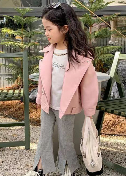 Pink Button Patchwork Faux Leather Coats Zip Up Long Sleeve