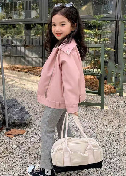 Pink Button Patchwork Faux Leather Coats Zip Up Long Sleeve