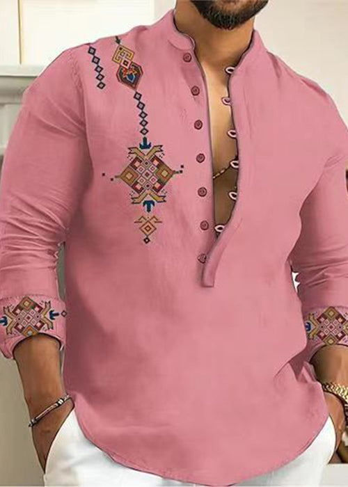 Pink Button Print Cotton Oversized Shirts Stand Collar Fall
