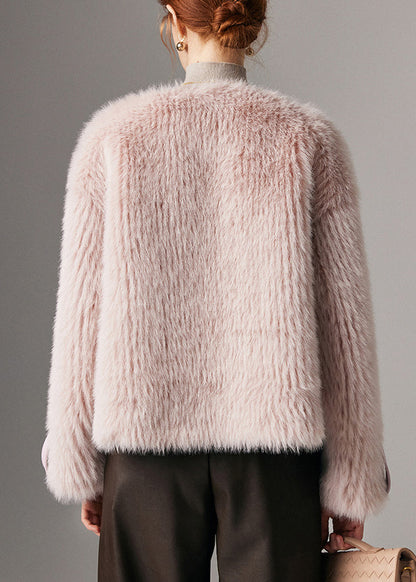 Pink Button Leather and Fur Winter Coat O Neck