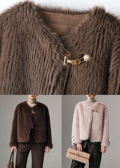 Pink Button Leather and Fur Winter Coat O Neck