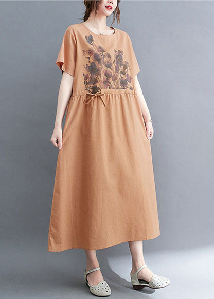 Pink Cotton Cinch Dresses O-neck Tie Waist Short Sleeve