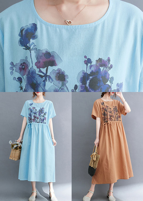 Pink Cotton Cinch Dresses O-neck Tie Waist Short Sleeve