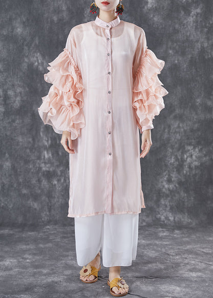 Pink Chiffon Upf 50+ Long Shirt Stand Collar Oversized Petal Sleeve