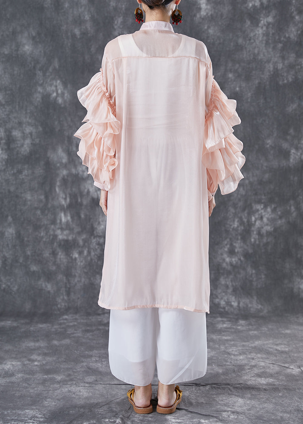 Pink Chiffon Upf 50+ Long Shirt Stand Collar Oversized Petal Sleeve